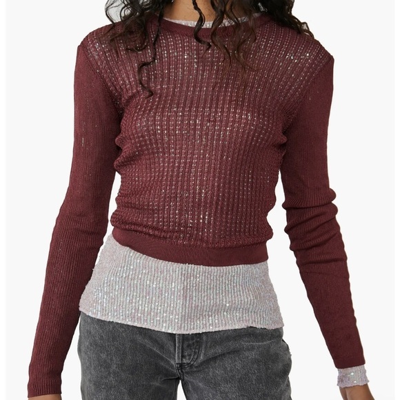 NWT Free People H20 Crew Pullover Size small raw garnet burgundy color - Picture 2 of 7